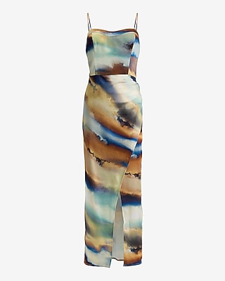 Printed Satin Sweetheart Ruched Maxi Dress