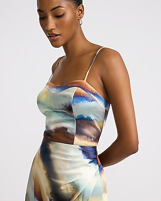 Printed Satin Sweetheart Ruched Maxi Dress