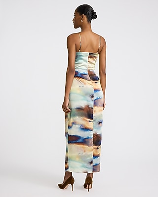 Printed Satin Sweetheart Ruched Maxi Dress