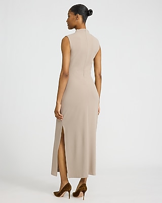 Crepe Mock Neck Sleeveless Ruched Maxi Sheath Dress - image 3