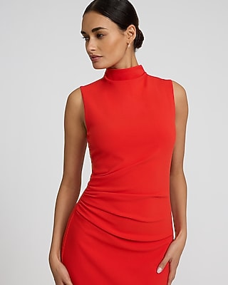 Crepe Mock Neck Sleeveless Ruched Maxi Sheath Dress