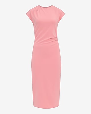 Crepe Crew Neck Cap Sleeve Ruched Midi Sheath Dress - image 3