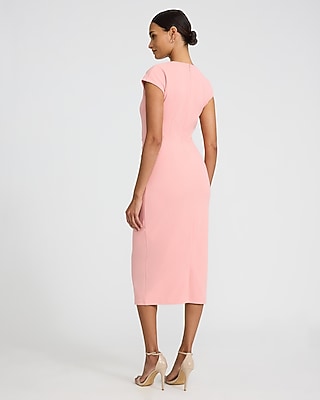 Crepe Crew Neck Cap Sleeve Ruched Midi Sheath Dress - image 2