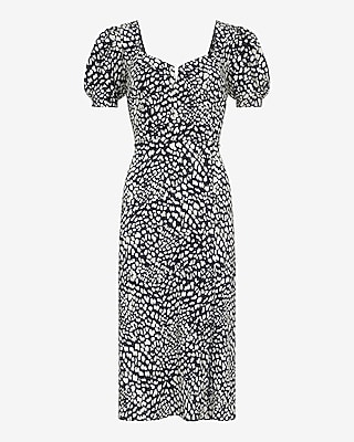 Dot V-Neck Short Puff Sleeve Midi Dress with Pockets