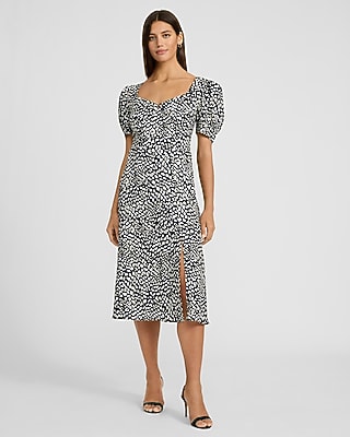 Dot V-Neck Short Puff Sleeve Midi Dress with Pockets