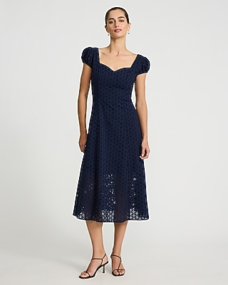 Eyelet Sweetheart Cap Sleeve Smocked Back Midi Dress