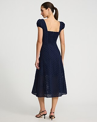 Eyelet Sweetheart Cap Sleeve Smocked Back Midi Dress