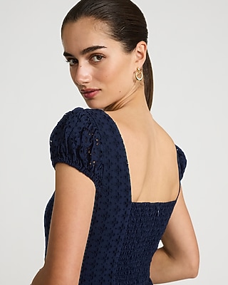 Eyelet Sweetheart Cap Sleeve Smocked Back Midi Dress