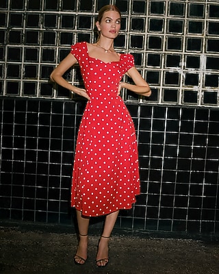 Polka Dot Sweetheart Puff Sleeve Smocked Back Midi Dress