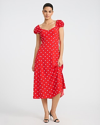 Polka Dot Sweetheart Puff Sleeve Smocked Back Midi Dress
