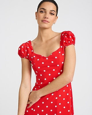 Polka Dot Sweetheart Puff Sleeve Smocked Back Midi Dress