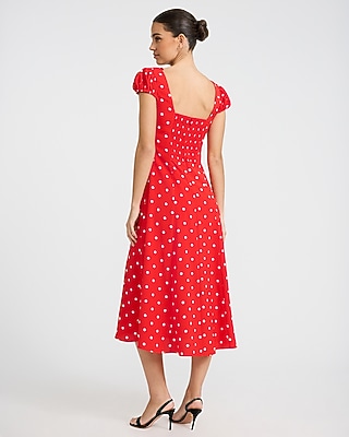 Polka Dot Sweetheart Puff Sleeve Smocked Back Midi Dress