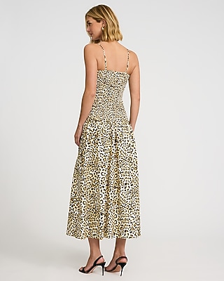 Leopard Poplin Sweetheart Drop Waist Smocked Back Maxi Dress with Pockets