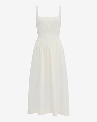Linen-Blend Basque Waist Smocked Back Midi Dress with Pockets
