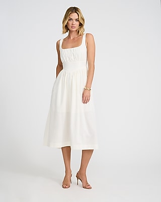 Linen-Blend Basque Waist Smocked Back Midi Dress with Pockets