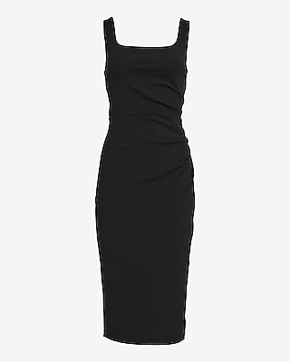 Crepe Scoop Neck Sleeveless Ruched Midi Sheath Dress