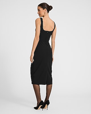 Crepe Scoop Neck Sleeveless Ruched Midi Sheath Dress