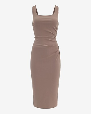 Crepe Scoop Neck Sleeveless Ruched Midi Sheath Dress
