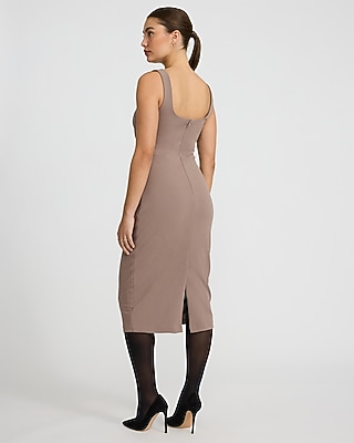 Crepe Scoop Neck Sleeveless Ruched Midi Sheath Dress