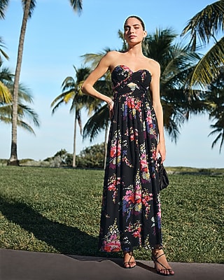 Floral Strapless Twist Front Smocked Back Cutout Maxi Dress with Pockets