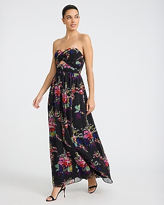 Floral Strapless Twist Front Smocked Back Cutout Maxi Dress with Pockets