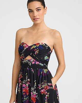 Floral Strapless Twist Front Smocked Back Cutout Maxi Dress with Pockets