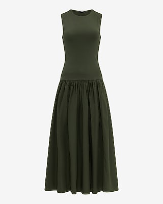 Mixed Media Crew Neck Drop Waist Maxi Dress with Pockets