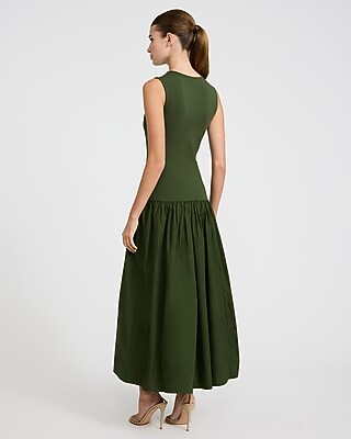 Mixed Media Crew Neck Drop Waist Maxi Dress with Pockets