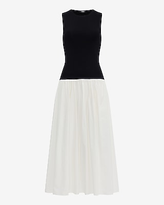 Color Block Mixed Media Crew Neck Drop Waist Maxi Dress with Pockets