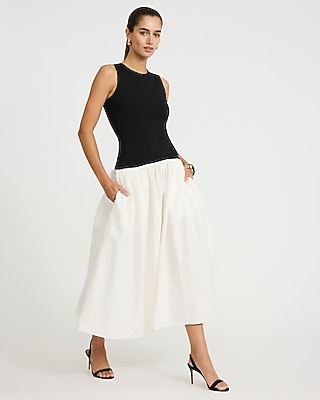 Color Block Mixed Media Crew Neck Drop Waist Maxi Dress with Pockets