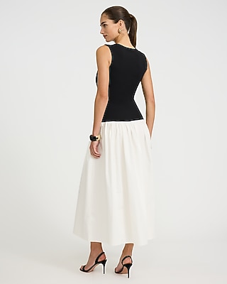 Color Block Mixed Media Crew Neck Drop Waist Maxi Dress with Pockets