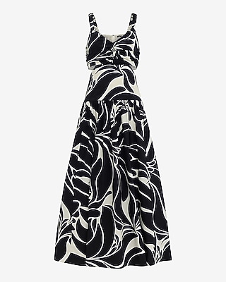 Cotton Poplin Printed Cutout Drop Waist Smocked Back Maxi Dress