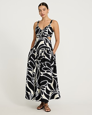 Cotton Poplin Printed Cutout Drop Waist Smocked Back Maxi Dress