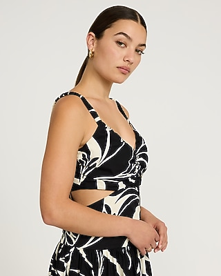 Cotton Poplin Printed Cutout Drop Waist Smocked Back Maxi Dress