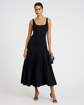 Mixed Media Scoop Neck Drop Waist Maxi Dress