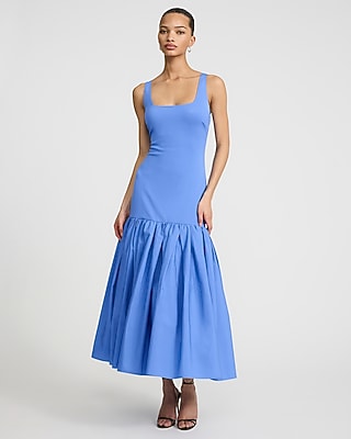 Mixed Media Scoop Neck Drop Waist Maxi Dress