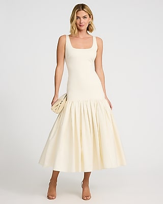 Mixed Media Scoop Neck Drop Waist Maxi Dress