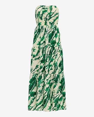 Linen-Blend Printed Strapless Tiered Maxi Dress with Pockets