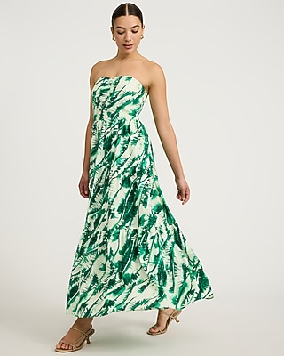 Linen-Blend Printed Strapless Tiered Maxi Dress with Pockets