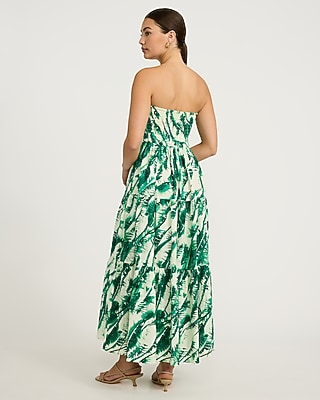 Linen-Blend Printed Strapless Tiered Maxi Dress with Pockets