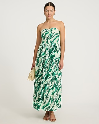 Linen-Blend Printed Strapless Tiered Maxi Dress with Pockets