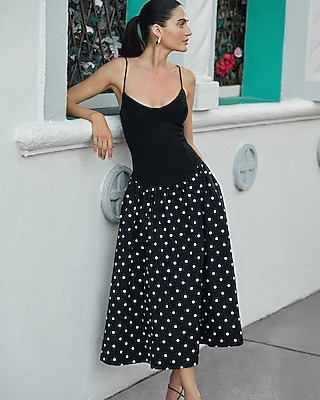 Polka Dot Mixed Media V-Neck Drop Waist Midi Dress with Pockets