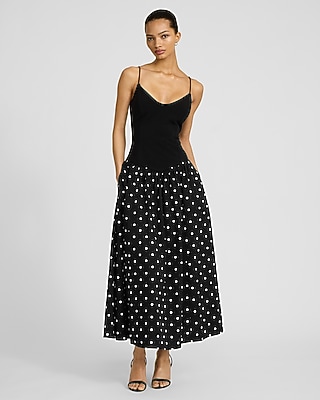 Polka Dot Mixed Media V-Neck Drop Waist Midi Dress with Pockets
