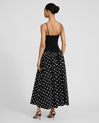 Polka Dot Mixed Media V-Neck Drop Waist Midi Dress with Pockets