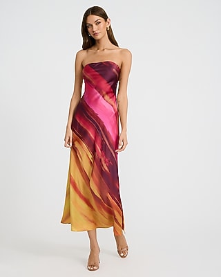 Satin Printed Strapless Maxi Dress