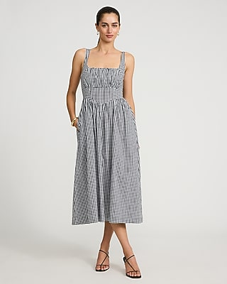 Gingham Basque Waist Smocked Back Midi Dress with Pockets