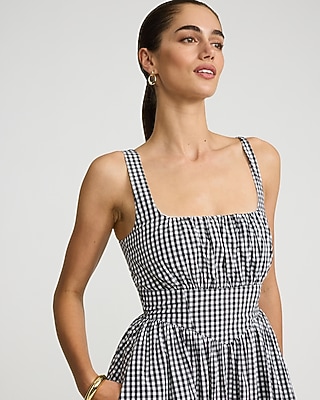 Gingham Basque Waist Smocked Back Midi Dress with Pockets