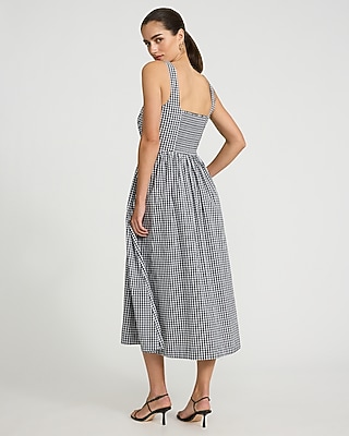Gingham Basque Waist Smocked Back Midi Dress with Pockets