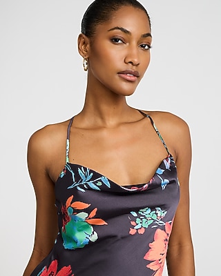 Floral Satin Cowl Neck Low Back Midi Slip Dress