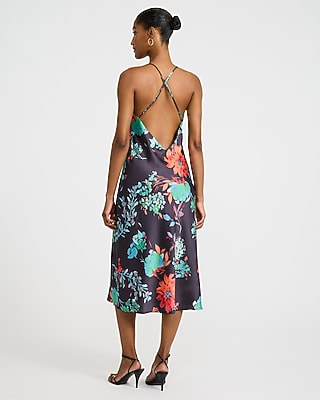 Floral Satin Cowl Neck Low Back Midi Slip Dress